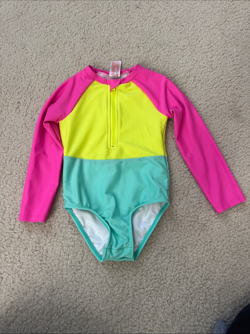 Cat & Jack Colorblock Long-Sleeve One-Piece Swimsuit Hot Pink, Yellow & Teal 4T